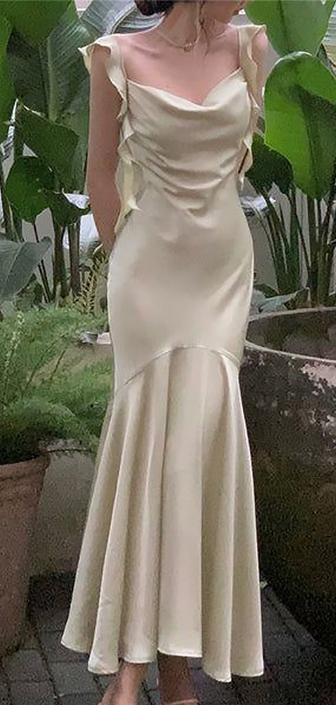 Elegant Ivory White Spaghetti Straps Mermaid Long Evening  Prom Dresses,MB04