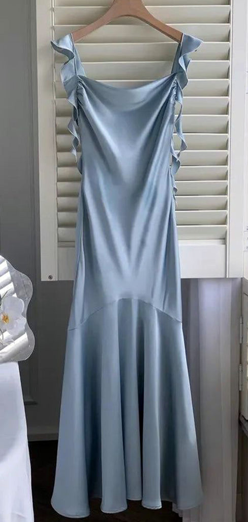 Elegant Light Blue Spaghetti Straps Mermaid Long Evening  Prom Dresses,MB05
