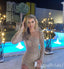 Sparkle Champagne Long Sleeves Evening Gown Maxi Long Evening Party Prom Dresses with Side Slit  ,MB805