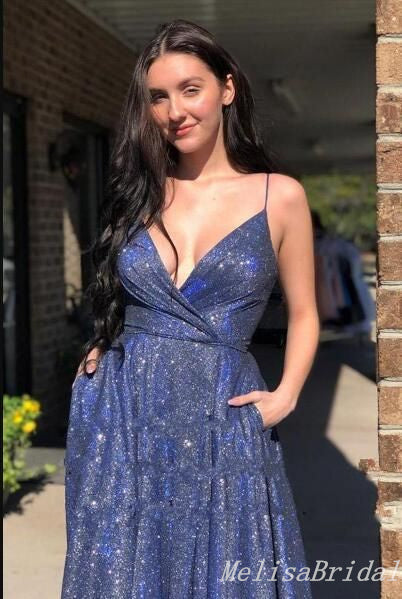 Charming Sparkle Sexy Deep V-neck Plunging Spaghetti Straps High Slit Evening Gown Long Prom Dresses,MB328