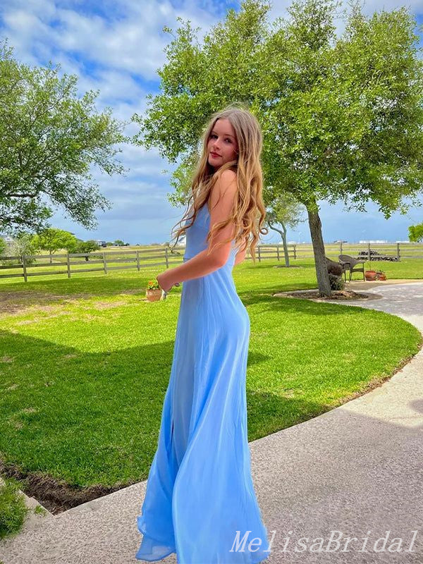 Blue Sheath Square Neck Fluffy Evening Gown Maxi Long Formal Dresses Prom Dresses With Side Slit,MB573