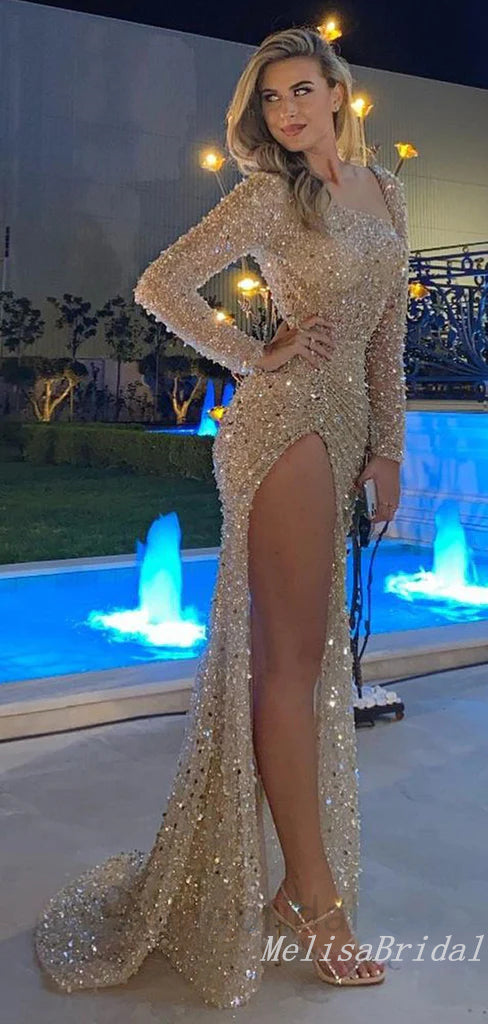 Sparkle Champagne Long Sleeves Evening Gown Maxi Long Evening Party Prom Dresses with Side Slit  ,MB805