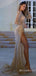 Sparkle Champagne Long Sleeves Evening Gown Maxi Long Evening Party Prom Dresses with Side Slit  ,MB805