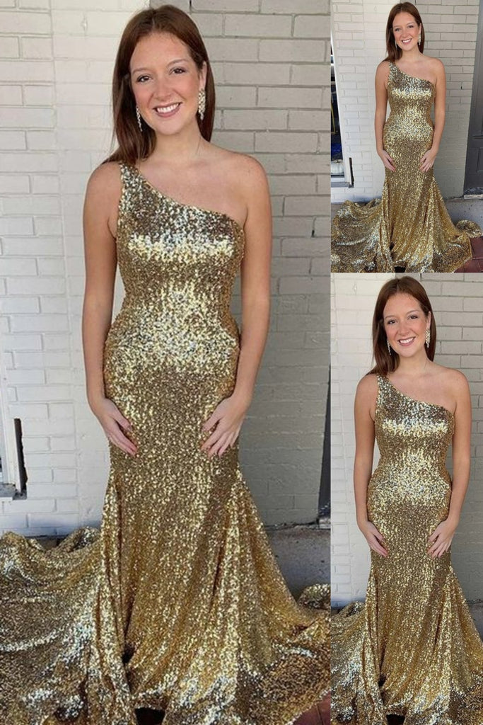 Sparkle Gold One Shoulder Mermaid Evening Gown Maxi Long Evening Party Prom Dresses with trailing ,MB699