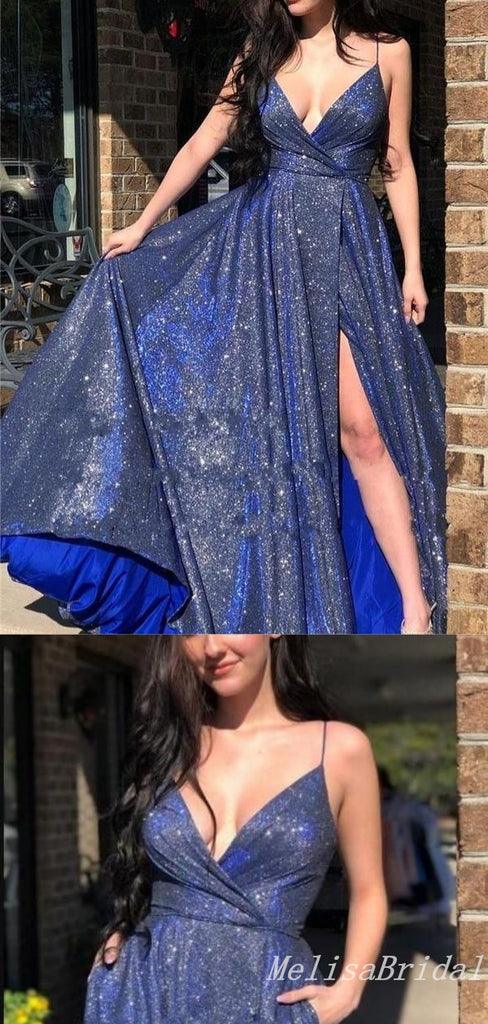 Charming Sparkle Sexy Deep V-neck Plunging Spaghetti Straps High Slit Evening Gown Long Prom Dresses,MB328