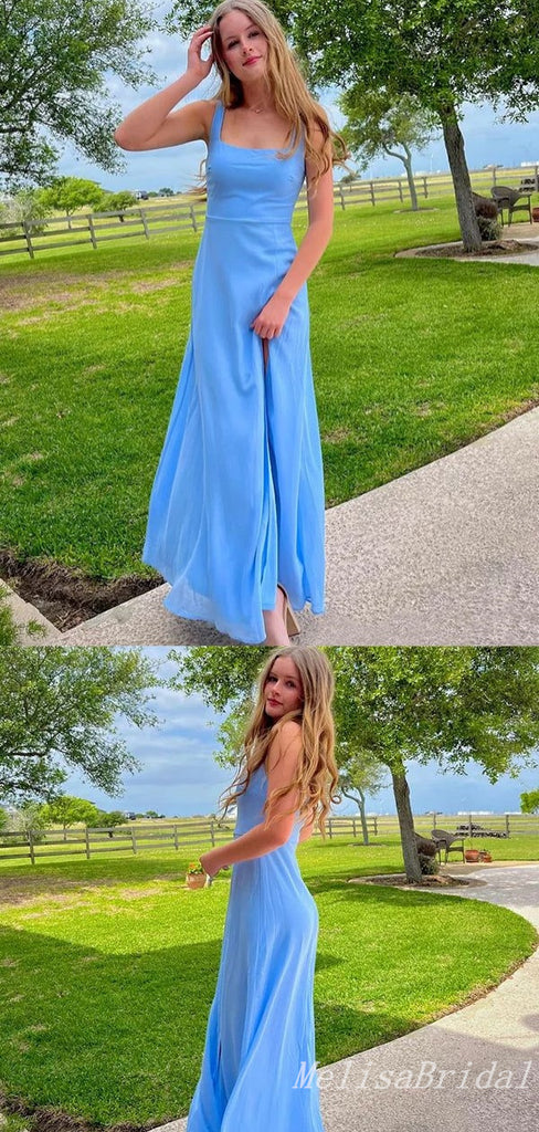 Blue Sheath Square Neck Fluffy Evening Gown Maxi Long Formal Dresses Prom Dresses With Side Slit,MB573