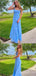 Blue Sheath Square Neck Fluffy Evening Gown Maxi Long Formal Dresses Prom Dresses With Side Slit,MB573