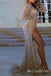 Sparkle Champagne Long Sleeves Evening Gown Maxi Long Evening Party Prom Dresses with Side Slit  ,MB805