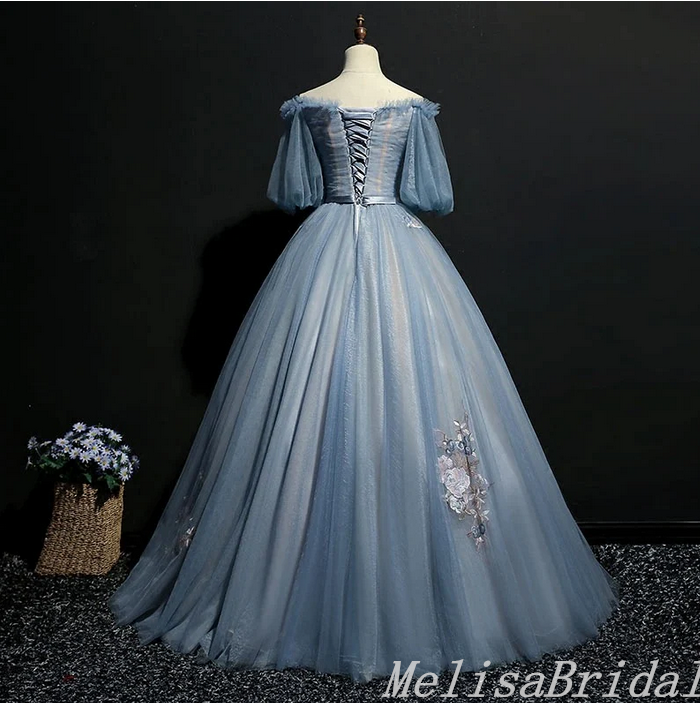 Grey Blue Off Shoulder Flower Embroidery A-line Ball Gown Lace up Back Evening Gown Maxi Long Evening Party Prom Dresses ,MB771