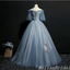 Grey Blue Off Shoulder Flower Embroidery A-line Ball Gown Lace up Back Evening Gown Maxi Long Evening Party Prom Dresses ,MB771
