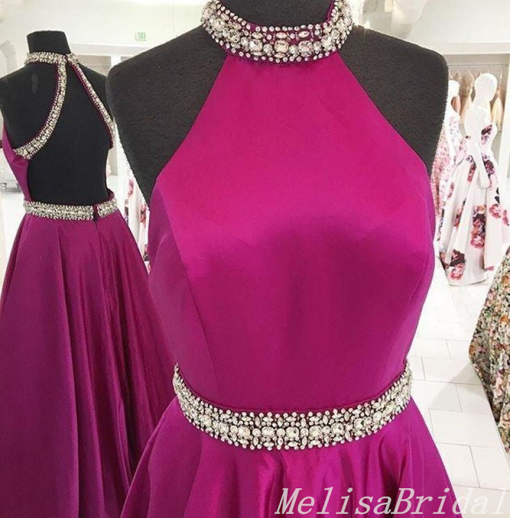 Hot Pink Beaded Halter A-Line Evening Gown Maxi Long Evening Party Prom Dresses ,MB631