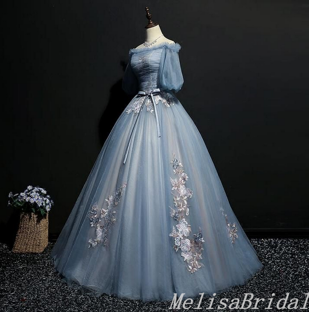 Grey Blue Off Shoulder Flower Embroidery A-line Ball Gown Lace up Back Evening Gown Maxi Long Evening Party Prom Dresses ,MB771