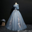 Grey Blue Off Shoulder Flower Embroidery A-line Ball Gown Lace up Back Evening Gown Maxi Long Evening Party Prom Dresses ,MB771