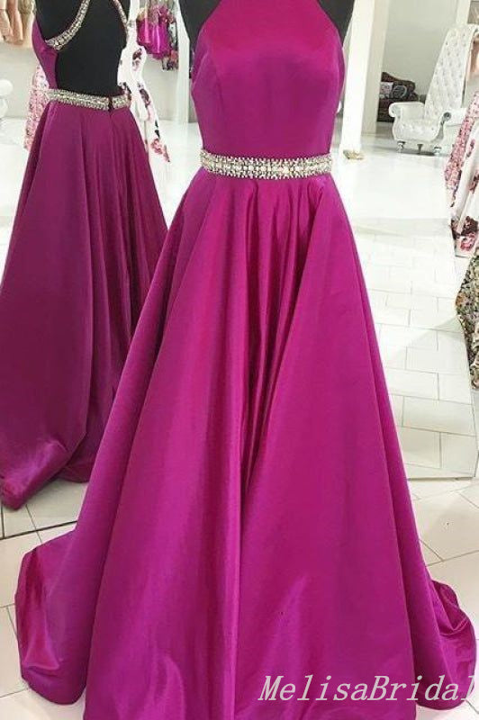 Hot Pink Beaded Halter A-Line Evening Gown Maxi Long Evening Party Prom Dresses ,MB631