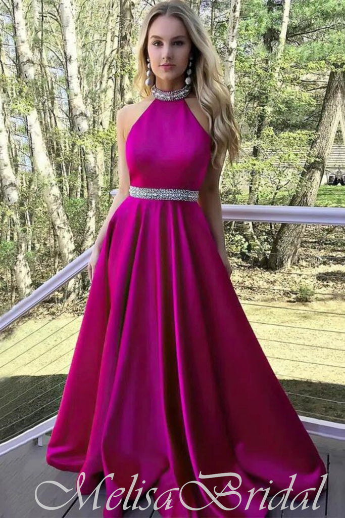 Hot Pink Beaded Halter A-Line Evening Gown Maxi Long Evening Party Prom Dresses ,MB631