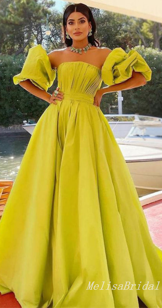 Green Off-the-shoulder A-line Bubble Sleeves Evening Gown Long Evening Party Prom Dresses,MB814