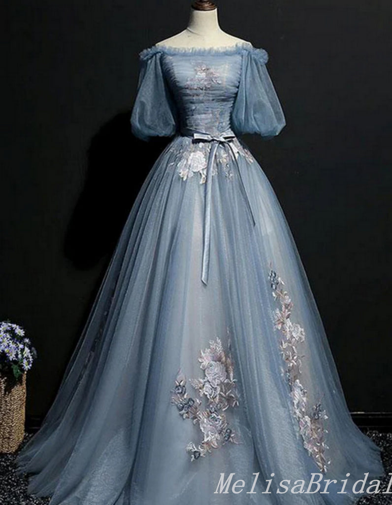 Grey Blue Off Shoulder Flower Embroidery A-line Ball Gown Lace up Back Evening Gown Maxi Long Evening Party Prom Dresses ,MB771