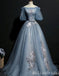 Grey Blue Off Shoulder Flower Embroidery A-line Ball Gown Lace up Back Evening Gown Maxi Long Evening Party Prom Dresses ,MB771