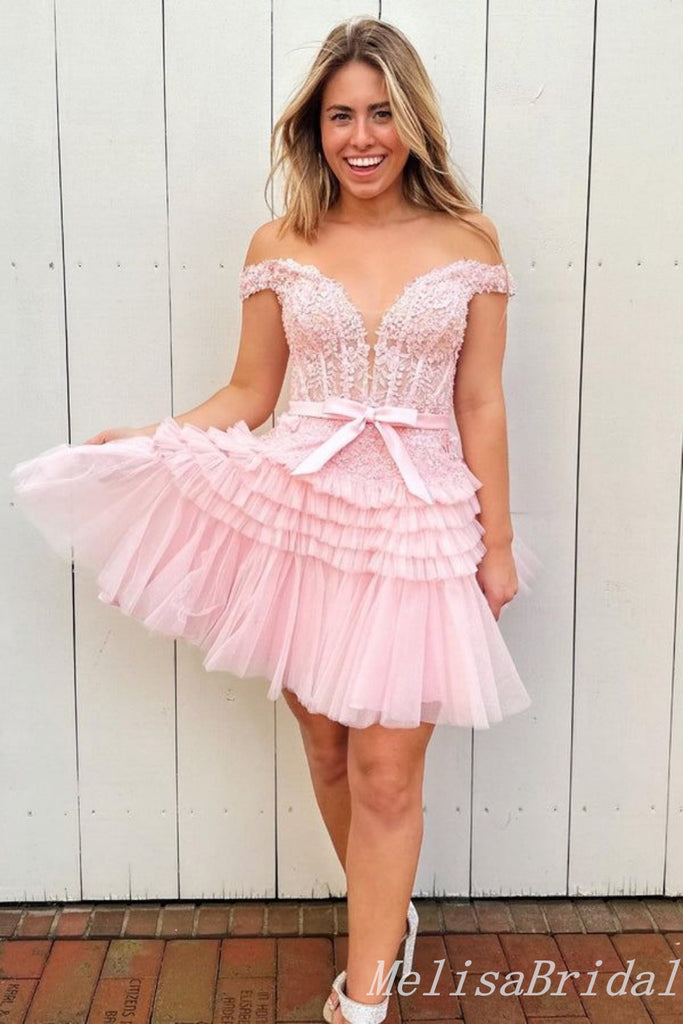 Pink Off Shoulder Plunging Lace Appliques A-Line Graduation Party Short Homecoming Dresses, HD457