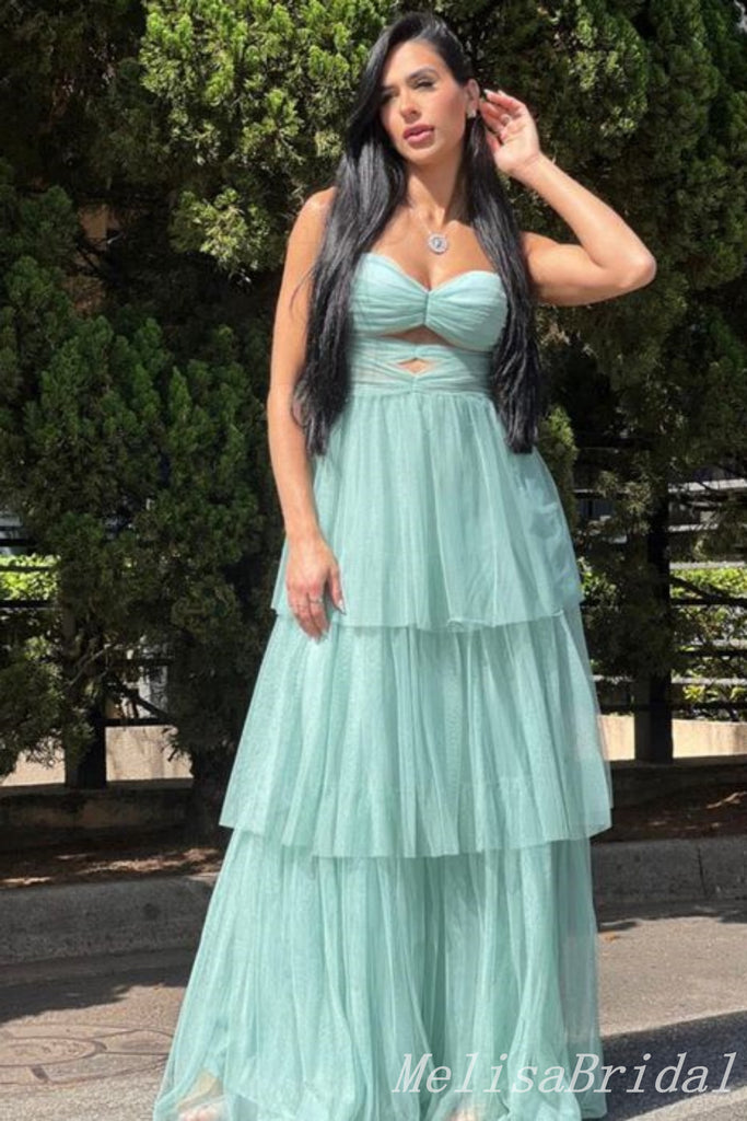 Strapless Green Sweetheart Tiered A-line Prom Dresses to Impress ,MB893
