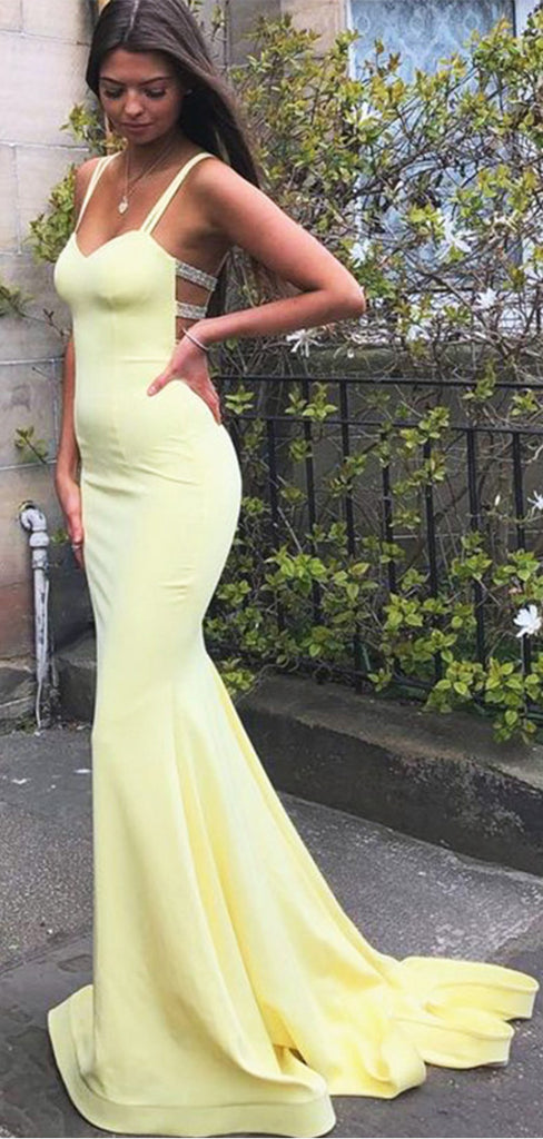 Elegant Yellow Spaghetti Straps Beading Mermaid  Long Evening Prom Dresses,MB115