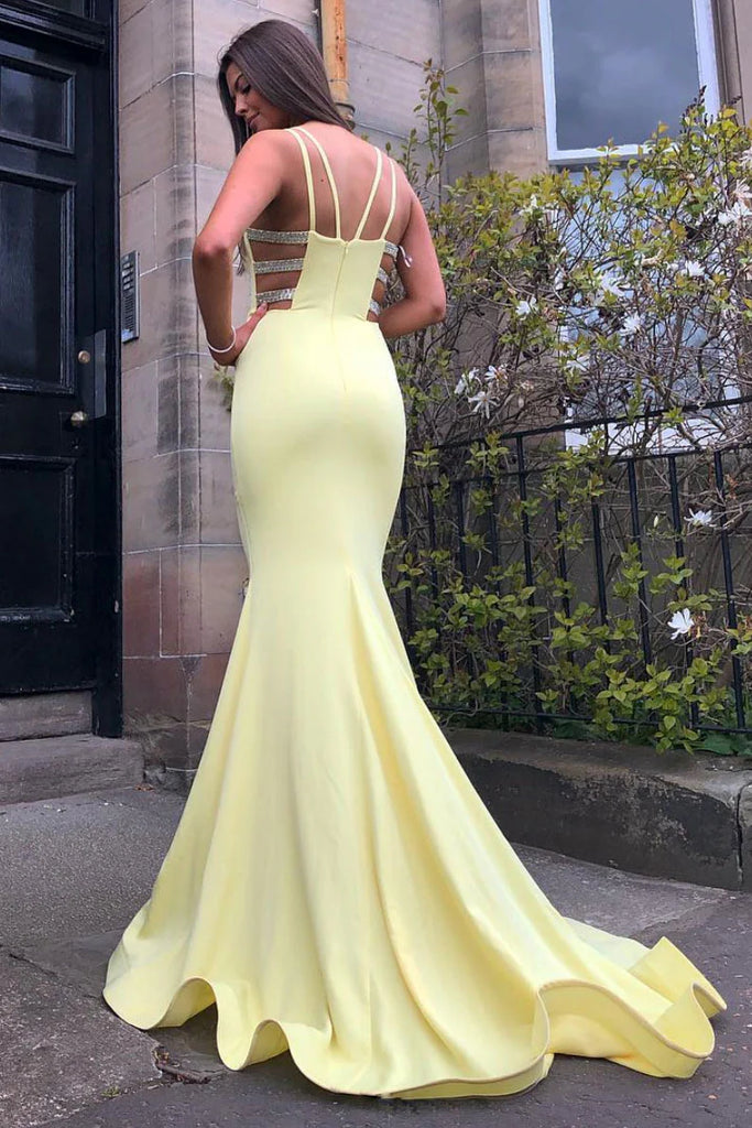 Elegant Yellow Spaghetti Straps Beading Mermaid  Long Evening Prom Dresses,MB115