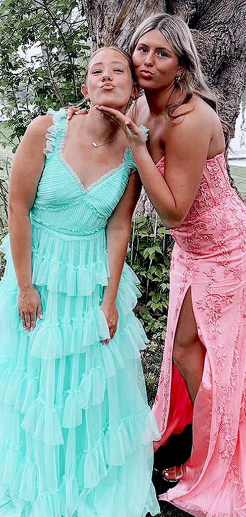 Elegant Green Spaghetti Straps Ruffle Tulle Strapless A-Line Long Evening Prom Dresses,MB95