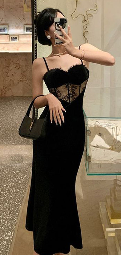 Sexy Black Spaghetti Straps Mermaid Sweet Heart Long Evening Prom Dresses,MB10