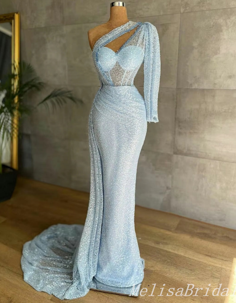 Sparkle Light Blue Mermaid One Shoulder Sweetheart Evening Gown Maxi Long Evening Party Prom Dresses,MB772