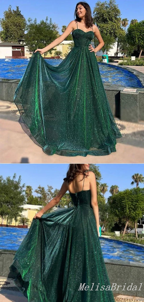 Green Spaghetti Straps Sweetheart Sparkle A-Line Evening Gown Maxi Long Evening Party Prom Dresses ,MB610