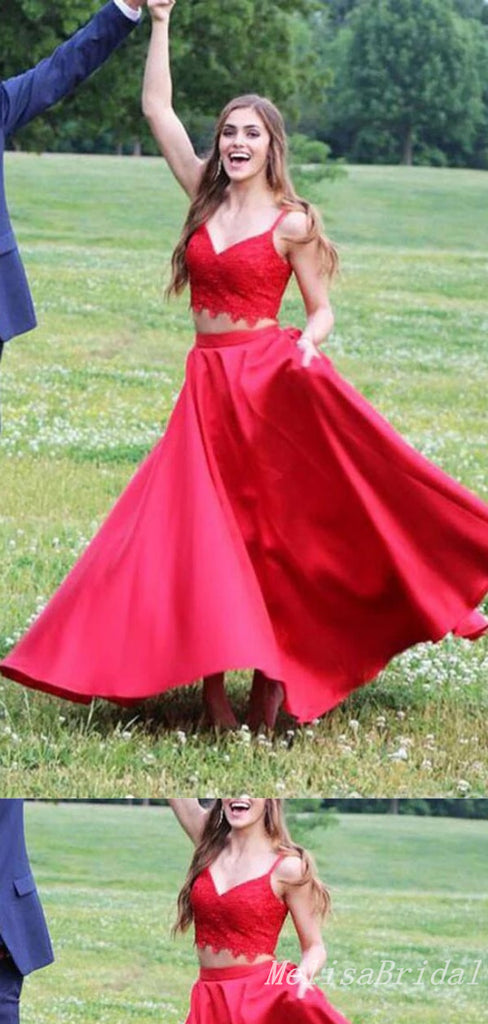 Red Two Pieces Spaghetti Straps A-Line Lace Appliques Evening Gown Maxi Long Formal Dresses Prom Dresses,MB578