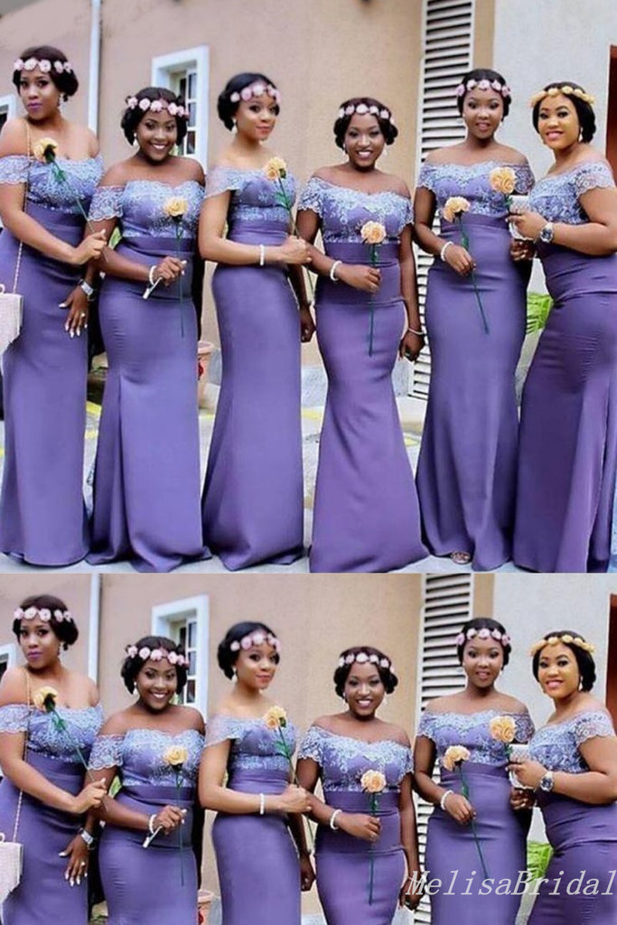 Purple Lace Appliques Off Shoulder Mermaid Long Bridesmaid Dresses ,BD207