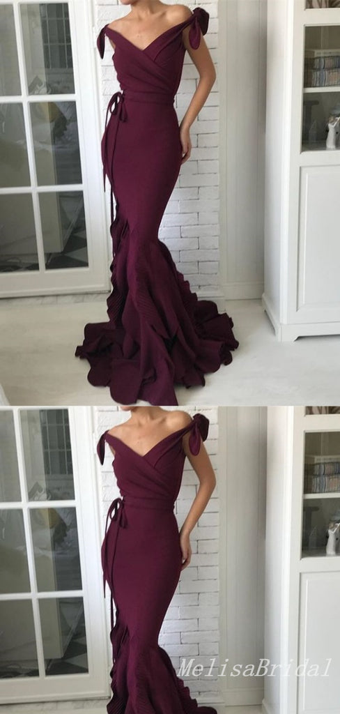 Sexy Burgundy Off-the-shoulder Mermaid V-neck Mermaid Evening Gown Long Formal Dresses Prom Dresses ,MB353