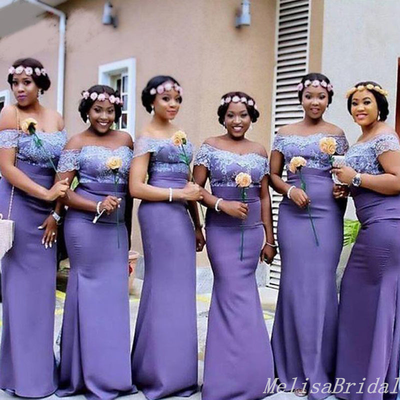 Purple Lace Appliques Off Shoulder Mermaid Long Bridesmaid Dresses ,BD207