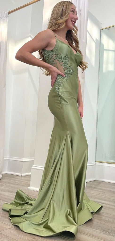 Elegant Green Spaghetti Straps Mermaid Pleats Sweetheart Long Evening  Prom Dresses,MB11