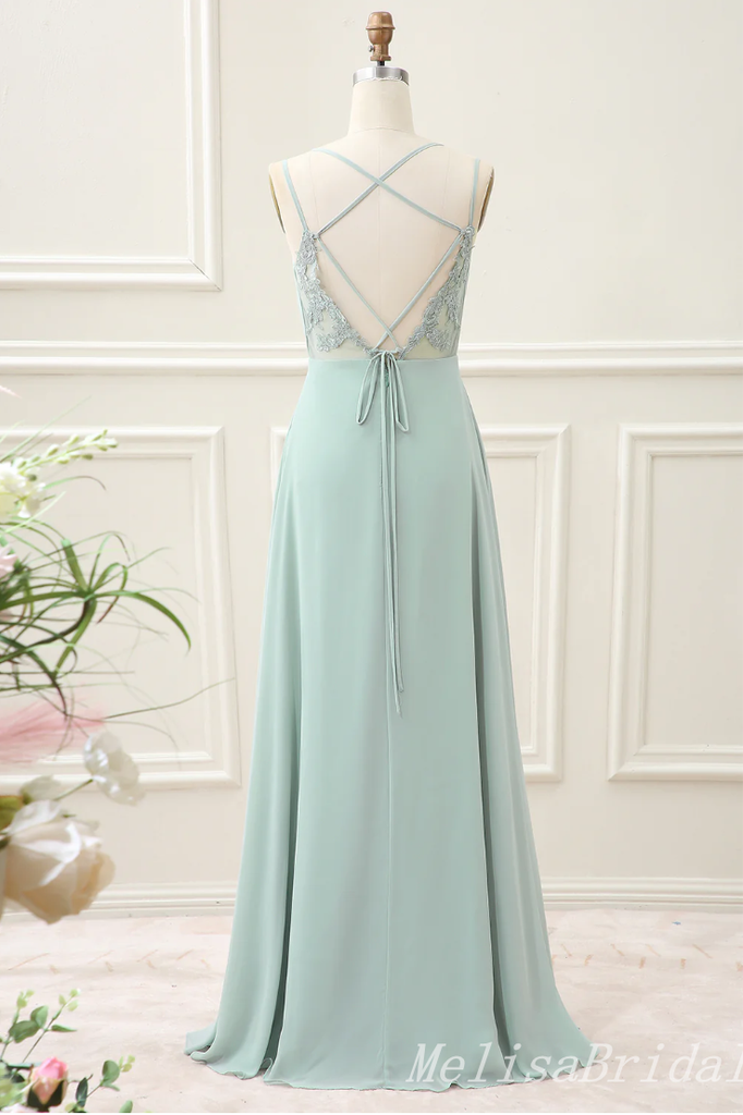 Green Spaghetti Straps A-line Lace Appliques Lace Up Back Evening Gown Maxi Long Evening Party Prom Dresses,MB773