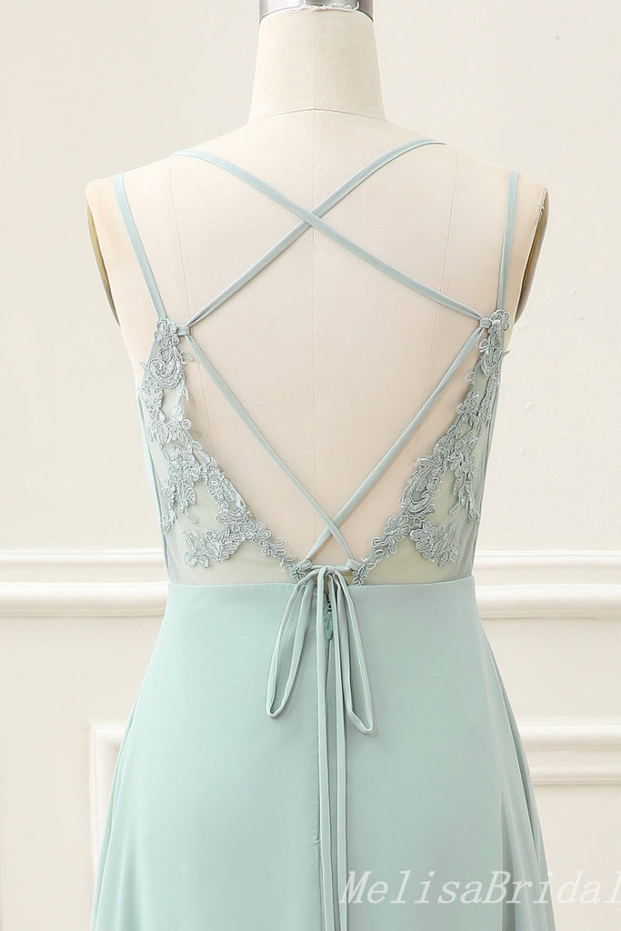 Green Spaghetti Straps A-line Lace Appliques Lace Up Back Evening Gown Maxi Long Evening Party Prom Dresses,MB773