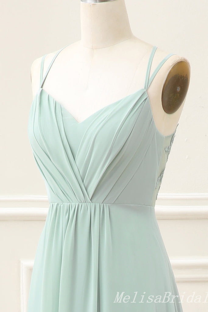 Green Spaghetti Straps A-line Lace Appliques Lace Up Back Evening Gown Maxi Long Evening Party Prom Dresses,MB773