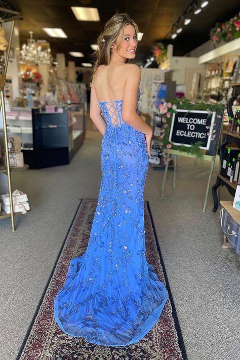 Elegant Blue Mermaid Lace Up Back Side Slit Beading Sequin Long Prom Dresses,MB12