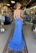 Elegant Blue Mermaid Lace Up Back Side Slit Beading Sequin Long Prom Dresses,MB12