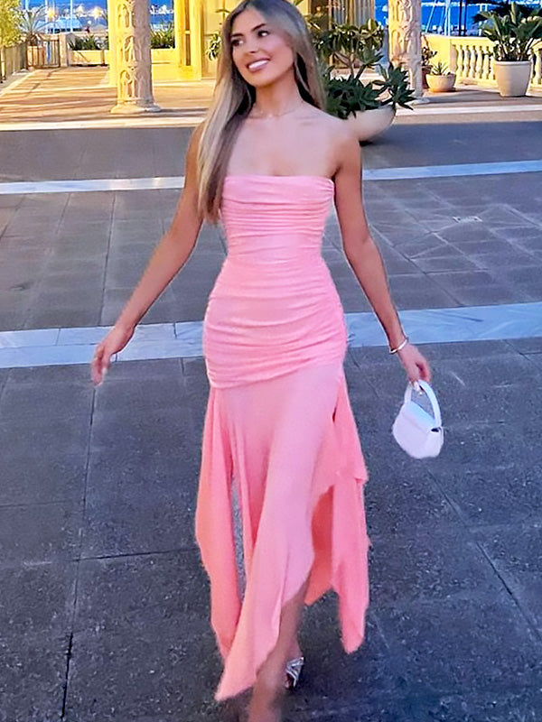 Elegant Pink Sleeveless Ruffle Pleats Mermaid Long Evening Prom Dresses,MB119
