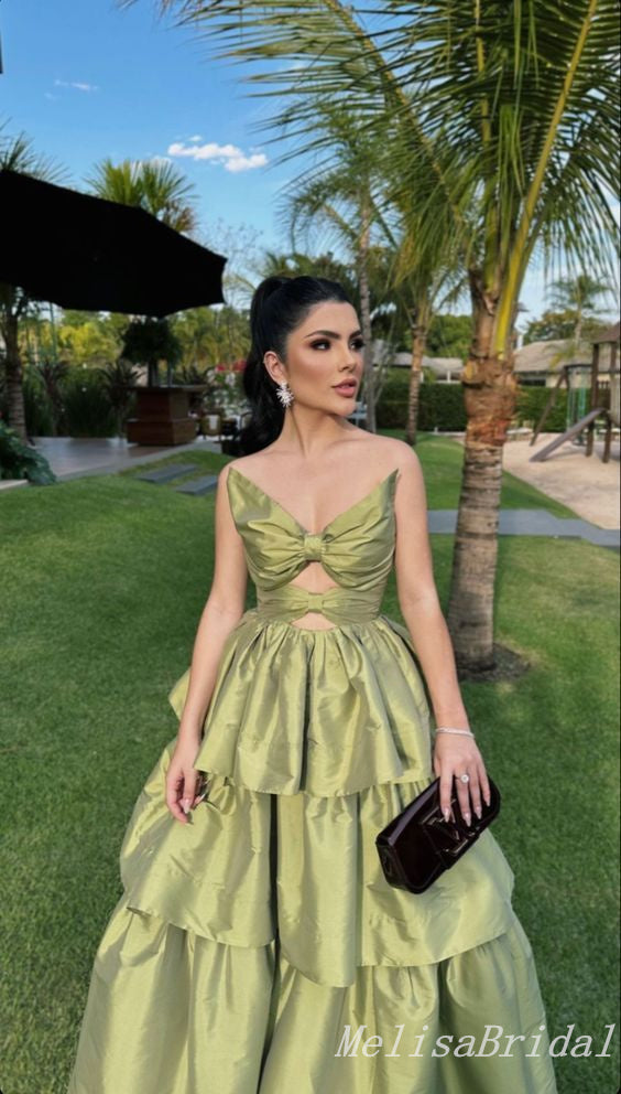 Green Layer Strapless A-Line Evening Gown Maxi Long Evening Party Prom Dresses  ,MB632