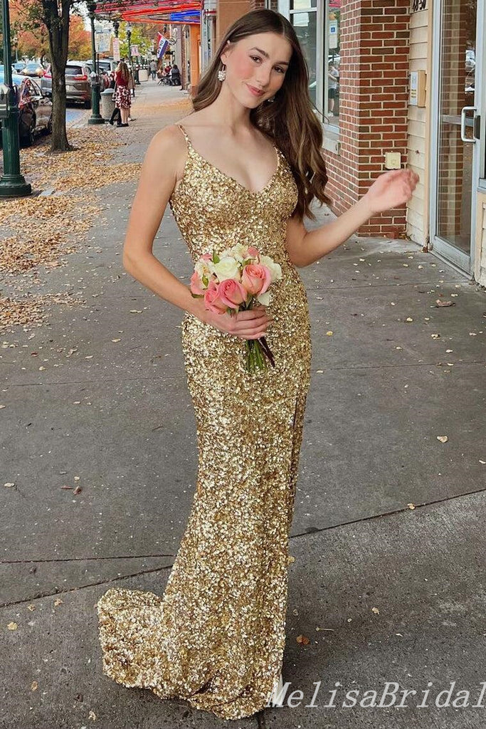 Sparkle Gold Mermaid Spaghetti Straps Evening Gown Maxi Long Evening Party Prom Dresses,MB774