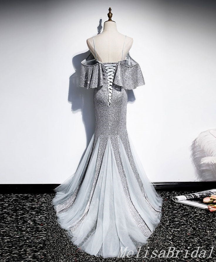 Silver Lace Up Back Spaghetti Straps V-Neck Mermaid Evening Gown Maxi Long Evening Party Prom Dresses  ,MB612