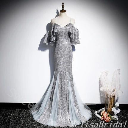 Silver Lace Up Back Spaghetti Straps V-Neck Mermaid Evening Gown Maxi Long Evening Party Prom Dresses  ,MB612