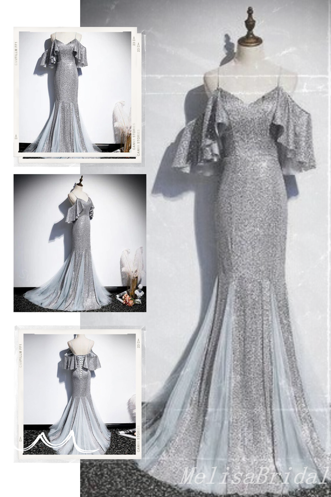 Silver Lace Up Back Spaghetti Straps V-Neck Mermaid Evening Gown Maxi Long Evening Party Prom Dresses  ,MB612