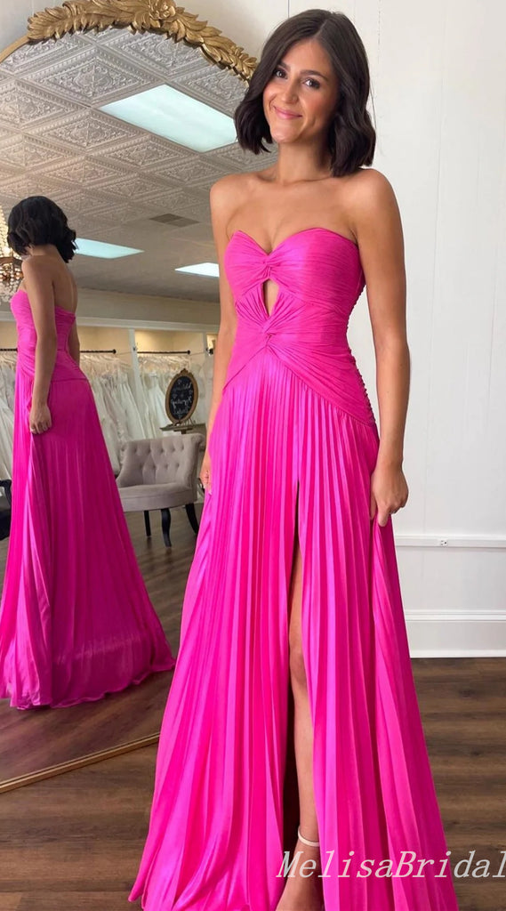 Strapless Sweetheart Hot Pink A-line Evening Gown Maxi Long Evening Party Prom Dresses,MB775