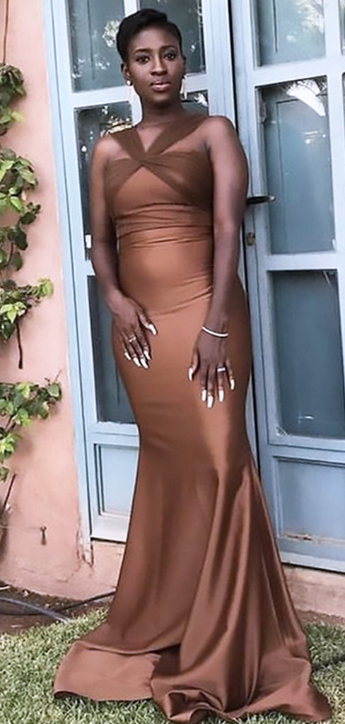 Elegant Brown Halter Sleeveless Mermaid Long Evening Prom Dresses,MB118