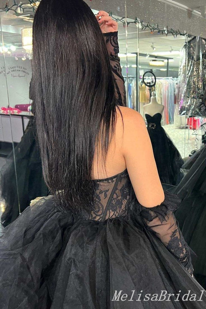 Black Lace Appliques Sheer Corset Strapless Layer A-Line Evening Gown Maxi Long Evening Party Prom Dresses With Trailing  ,MB613