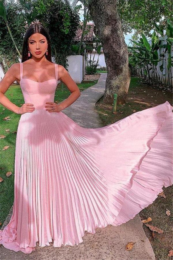 Light Pink A-line Evening Gown Maxi Long Evening Party Prom Dresses with Pleats,MB708